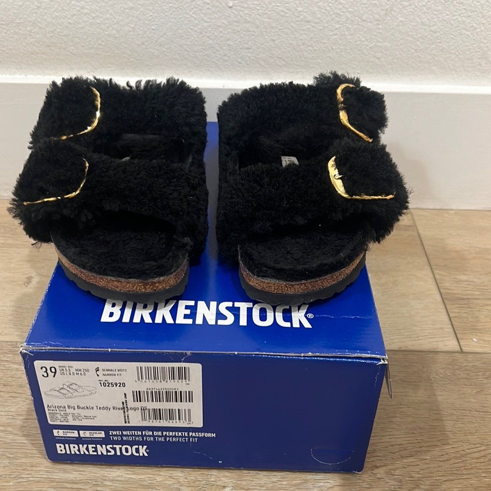 Birkenstock Black Fuzzy Sandals with Gold Buckles